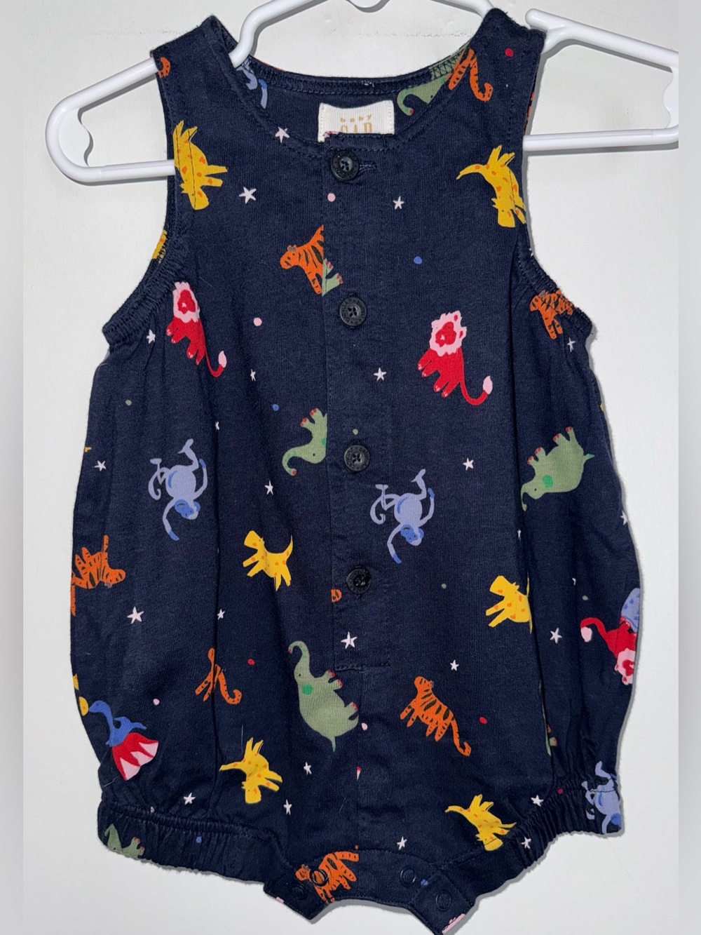 Vintage GAP Navy Baby Romper with Multicolor Animal Print 3-6 months